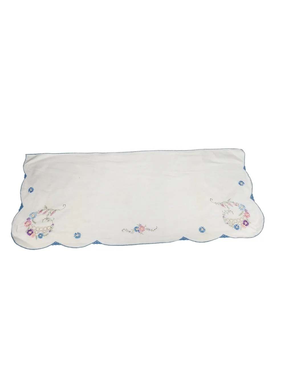 Vintage Hand Embroidered Linen Table Runner Dresser Scalloped Edge Blue Pink